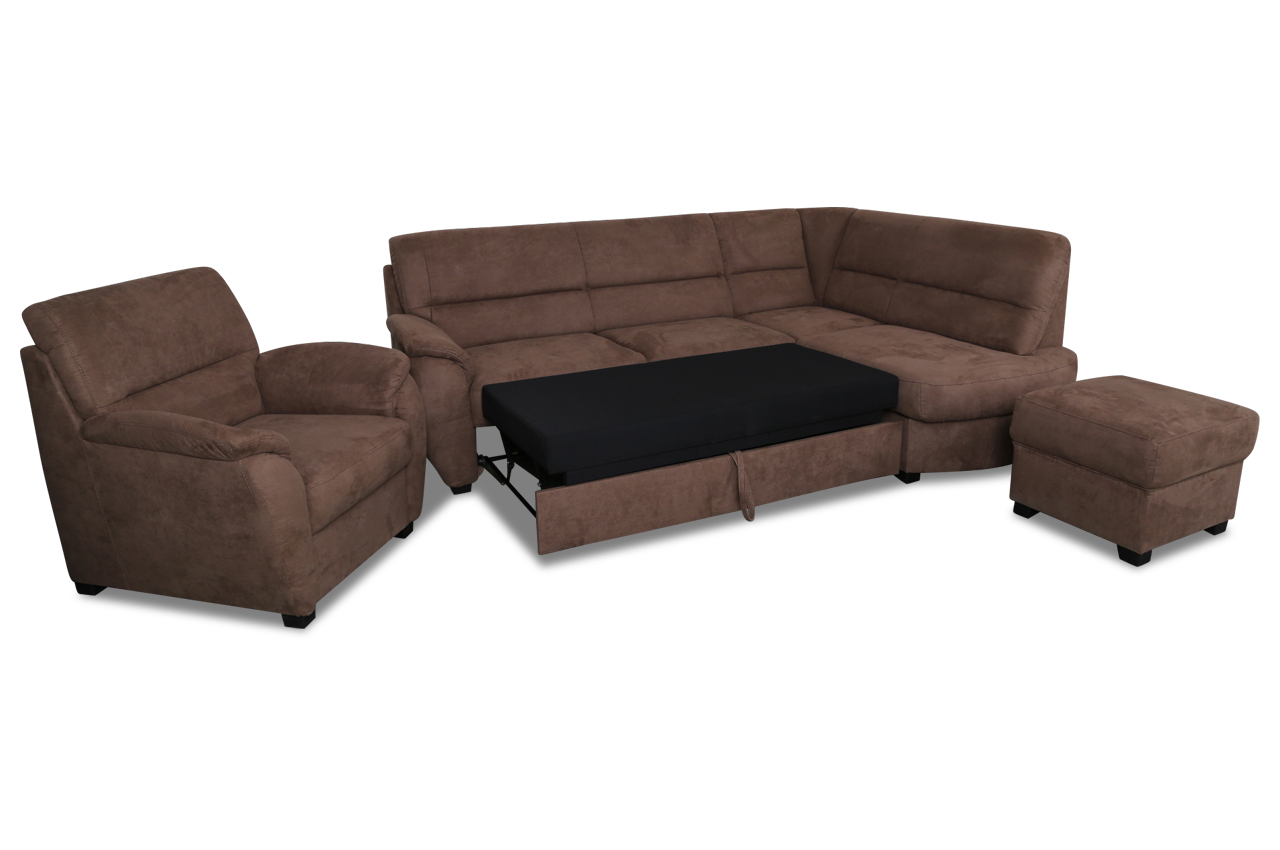Ecksofa mit Hocker und Sessel - Braun | Sofas zum halben Preis