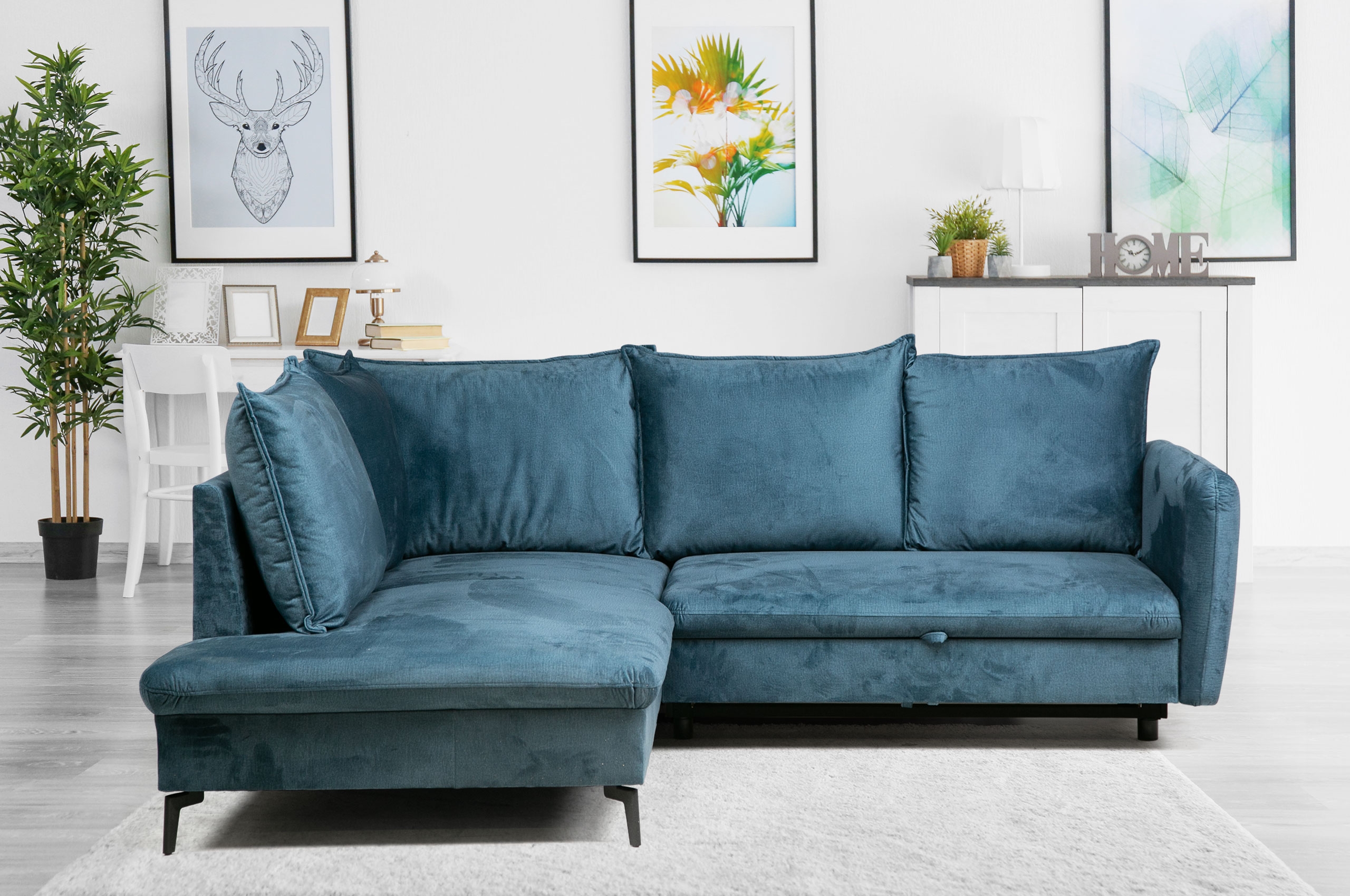 Ecksofa Shape links - mit Schlaffunktion - Petrolblau | Sofas zum halben  Preis