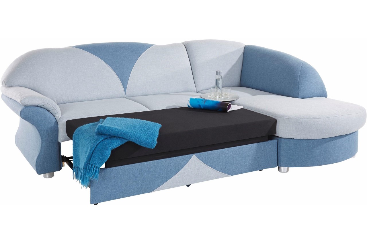 Sofa LForm Tabea rechts mit Schlaffunktion Blau mit Federkern
