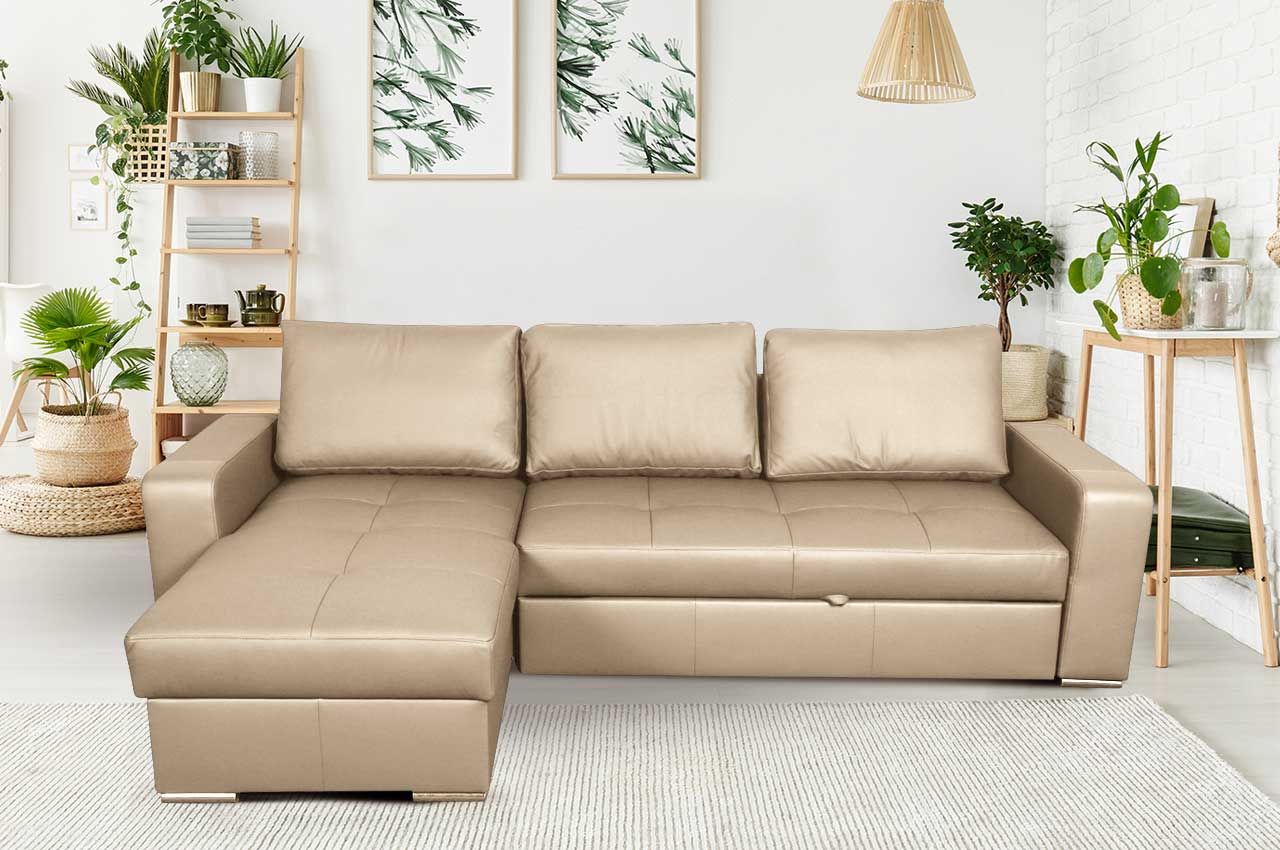 Ecksofa Flores-P beidseitig - mit Schlaffunktion - Beige | Sofas zum halben  Preis