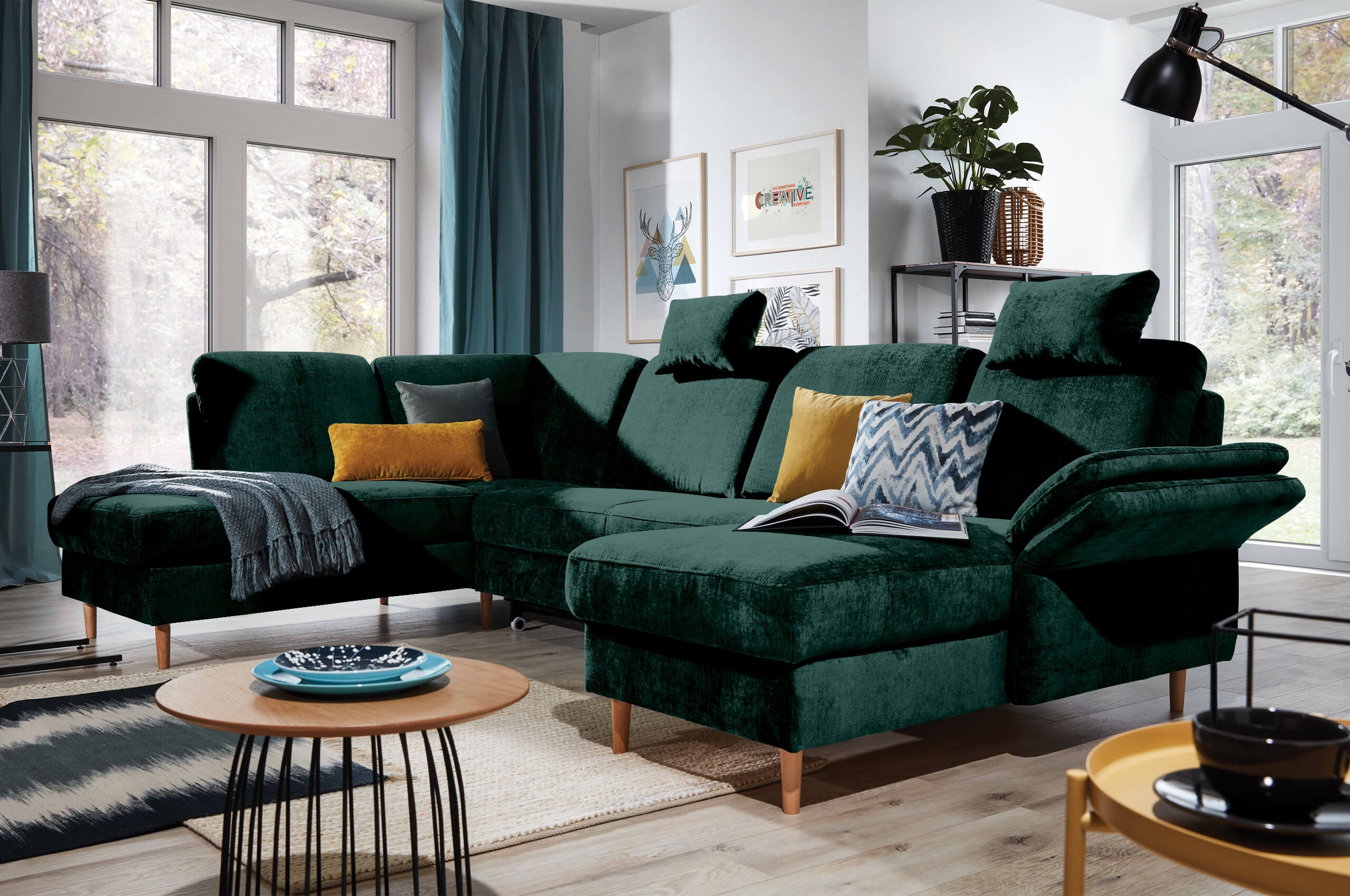 Wohnlandschaft Sori links mit Schlaffunktion Flaschengrun Sofas zum halben Preis