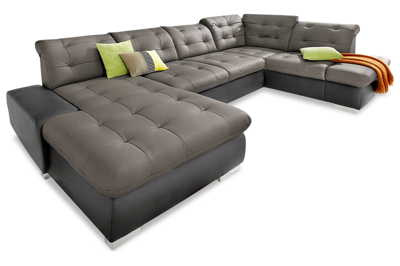 Leder Wohnlandschaft Palomino XXL mit Schlaffunktion Grau Sofas